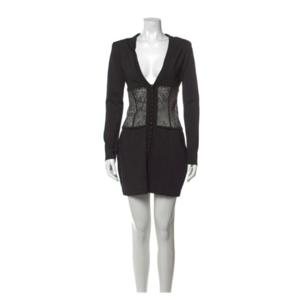 BALMAIN Black Paisley Lace Long Sleeve Corset Mini Dress Size 6